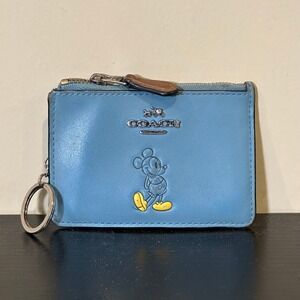Disney x Coach Mickey Mouse Mini Skinny ID Case Blue Leather Wallet Keychain